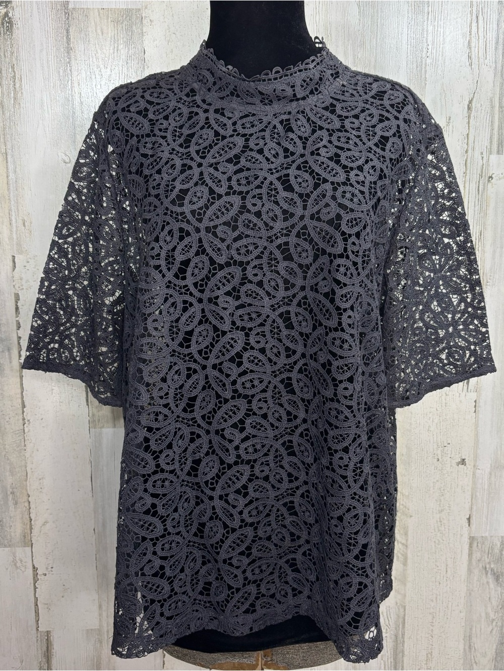 LOFT Navy Blue Sheer Lace Short-Sleeve Mock Neck Top